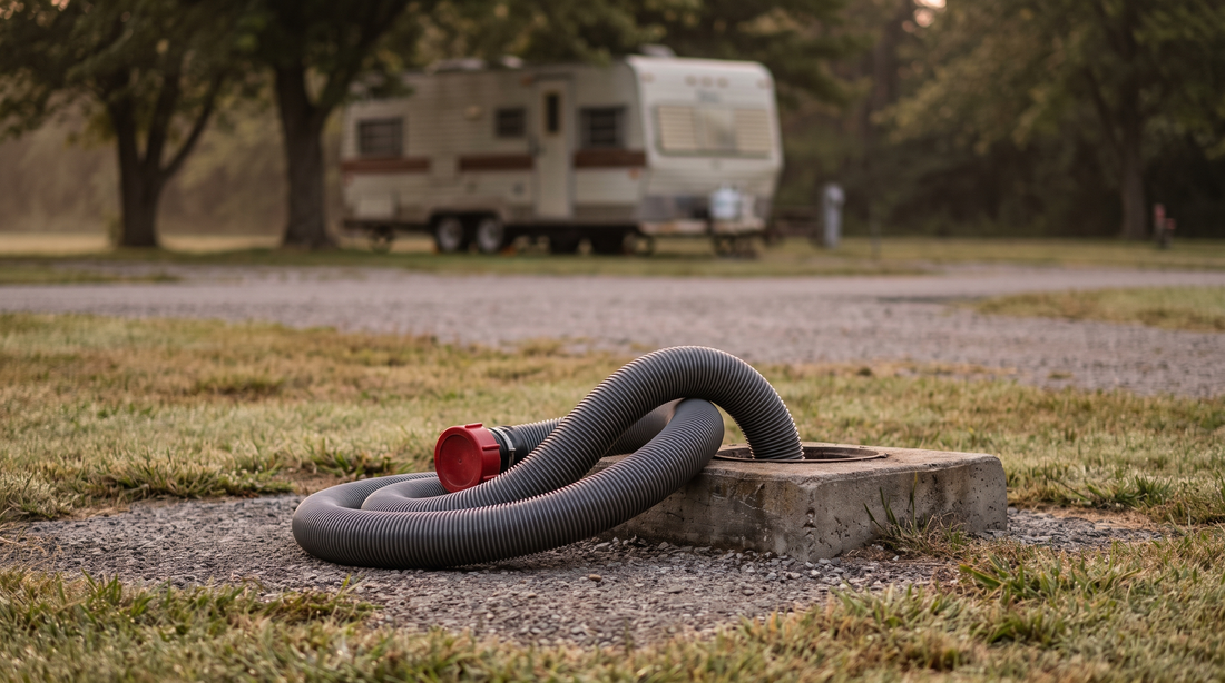 RV sewer hose connected to a campground dump station inlet on a gravel pad in morning light