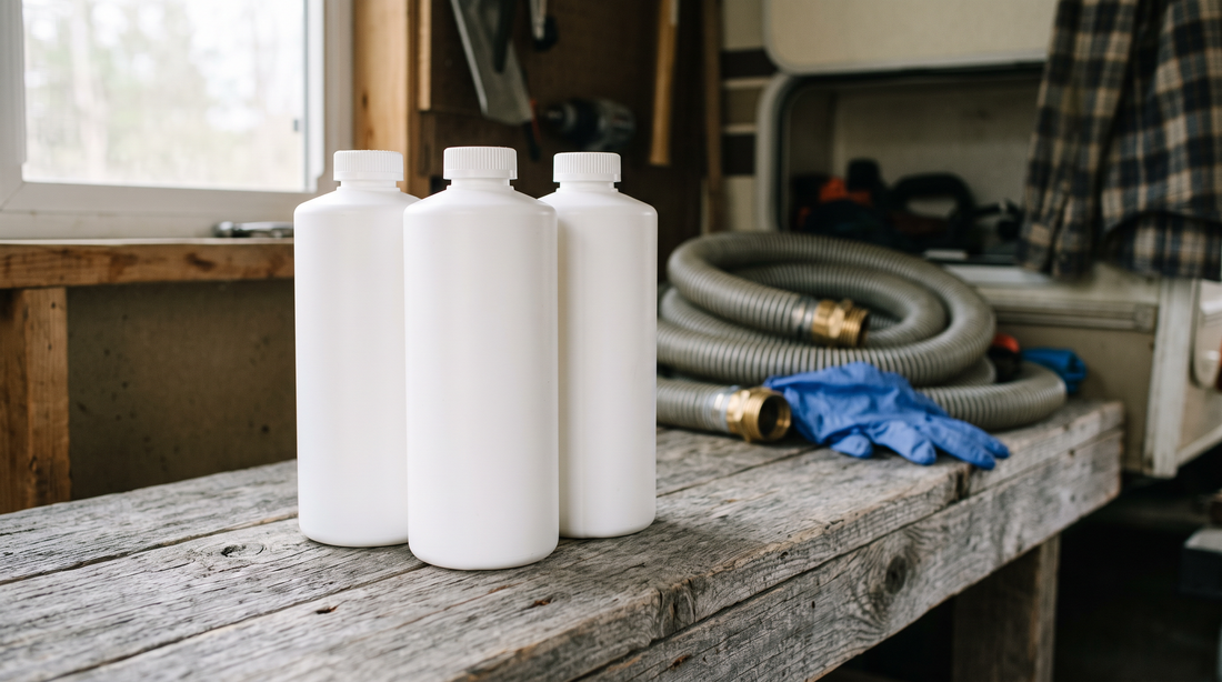Three unlabeled 32oz RV holding tank treatment bottles on a wooden bench beside a coiled RV sewer hose and gloves