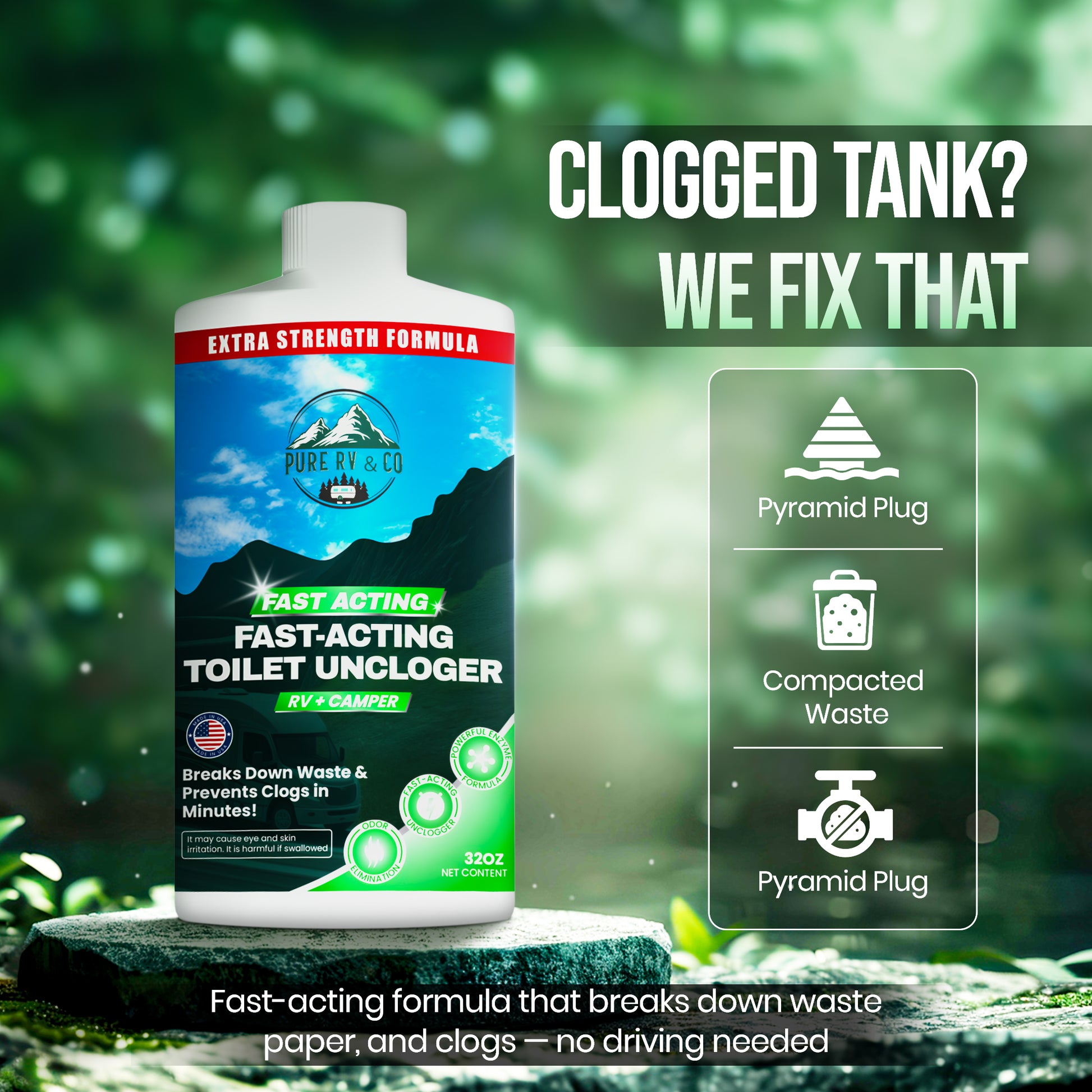 Extra Strength RV Black Tank Uncloger – Fast-Acting Toilet Treatment for Sludge, Waste & Pyramid Plugs – Septic Safe, Made in USA (32 oz)