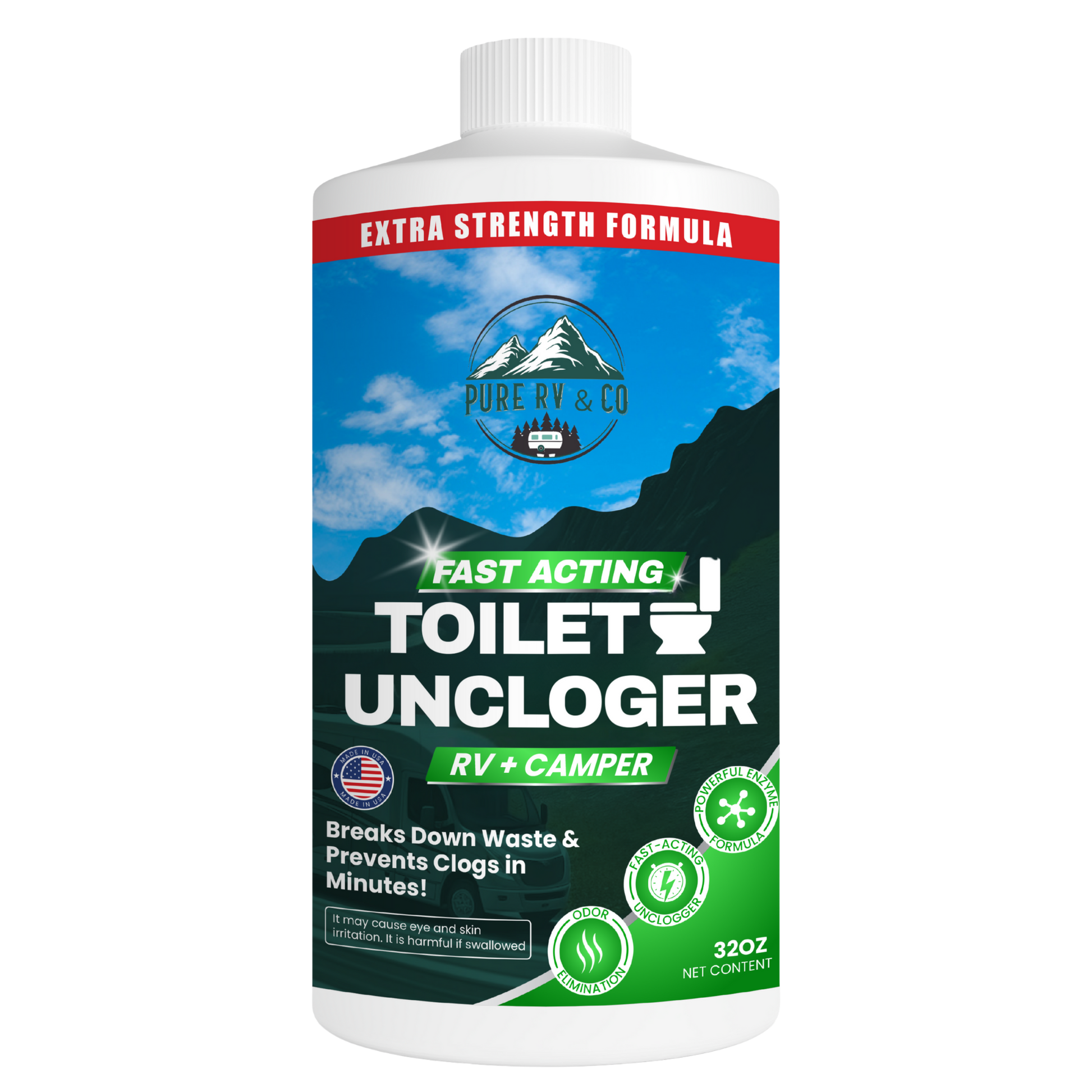 Extra Strength RV Black Tank Uncloger – Fast-Acting Toilet Treatment for Sludge, Waste & Pyramid Plugs – Septic Safe, Made in USA (32 oz)