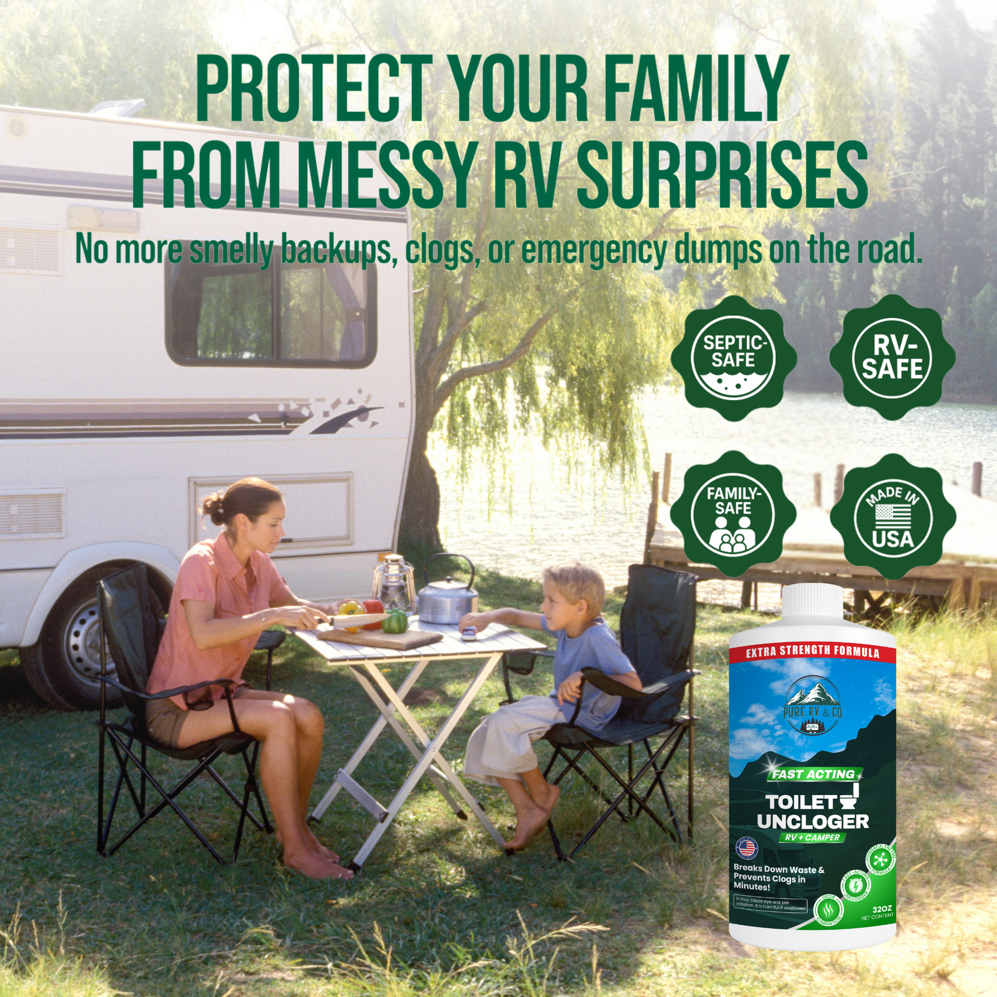 Extra Strength RV Black Tank Uncloger – Fast-Acting Toilet Treatment for Sludge, Waste & Pyramid Plugs – Septic Safe, Made in USA (32 oz)