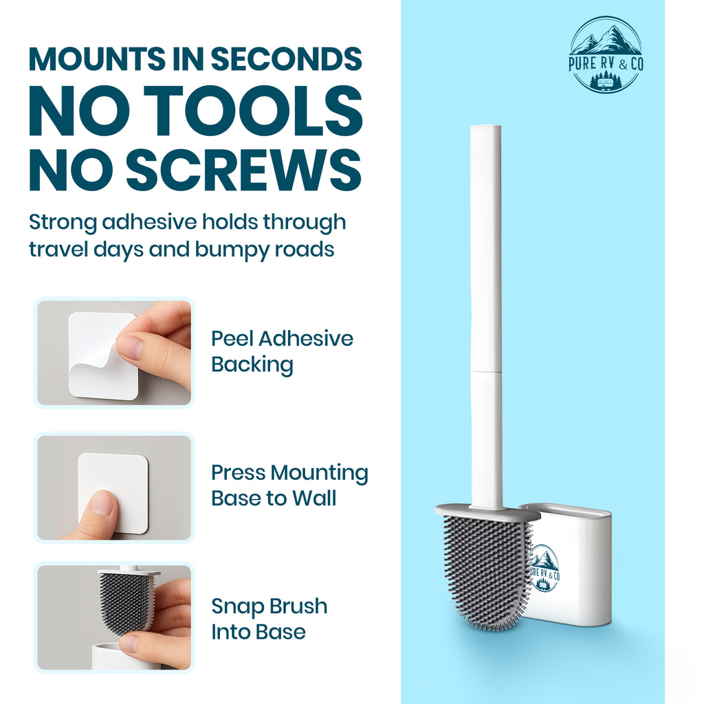 RV Toilet Brush and Holder Set, Compact Silicone Bowl Brush for Camper, Trailer & RV Toilets – Wall Mounted (Packaging May Vary)