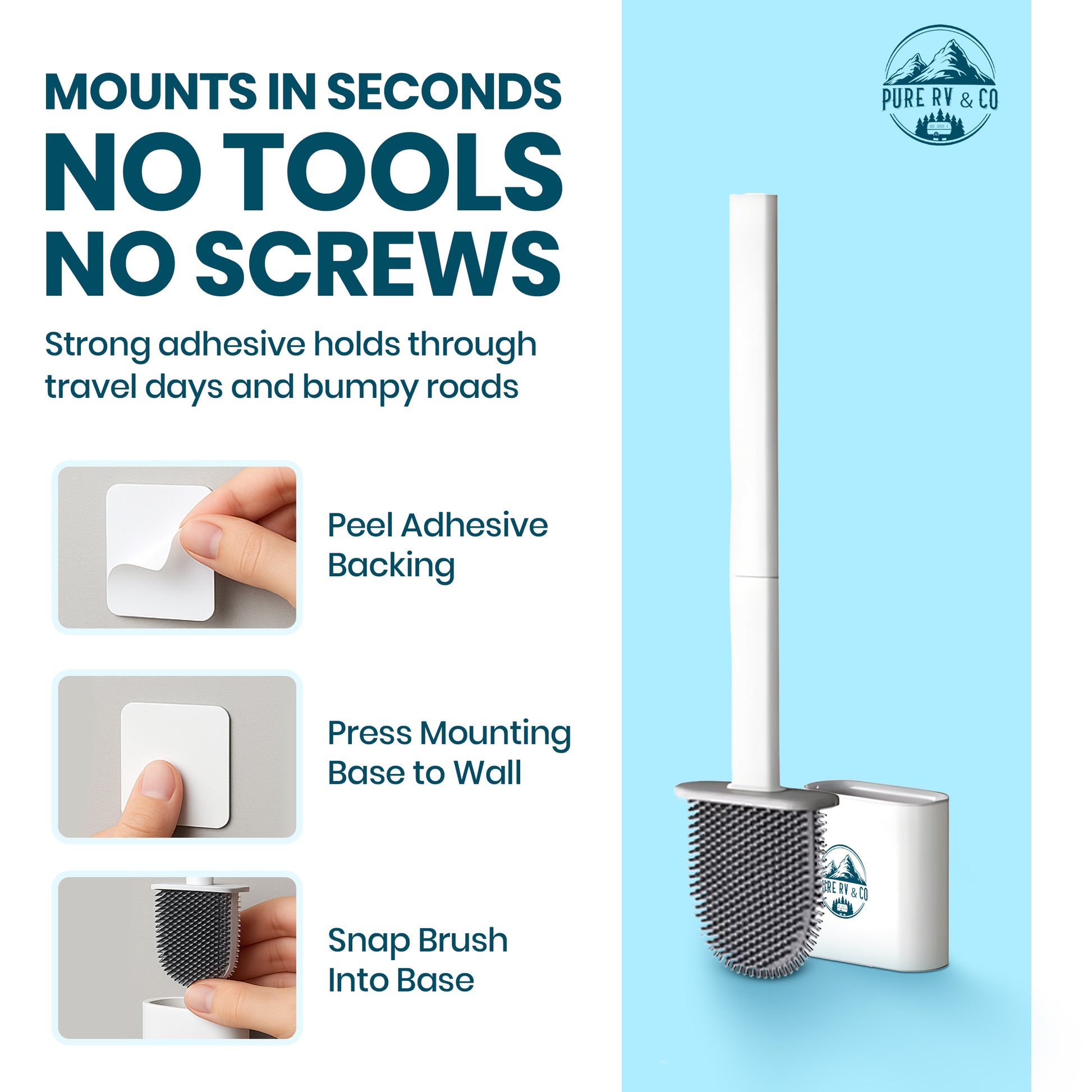 RV Toilet Brush and Holder Set, Compact Silicone Bowl Brush for Camper, Trailer & RV Toilets – Wall Mounted (Packaging May Vary)