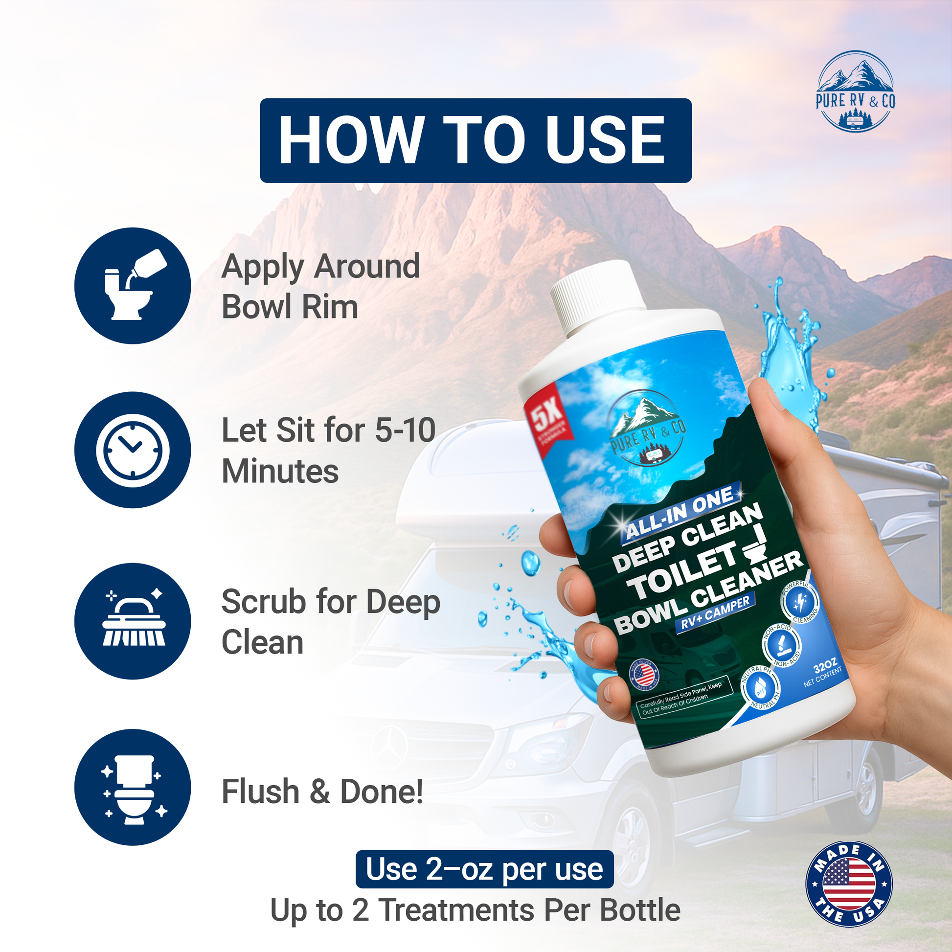 RV Toilet Bowl Cleaner with Easy Squirt Top – 5X Stronger Stain & Odor Eliminator – Sensor-Safe, Septic-Safe, Strong Formula (32 oz, Made in USA)