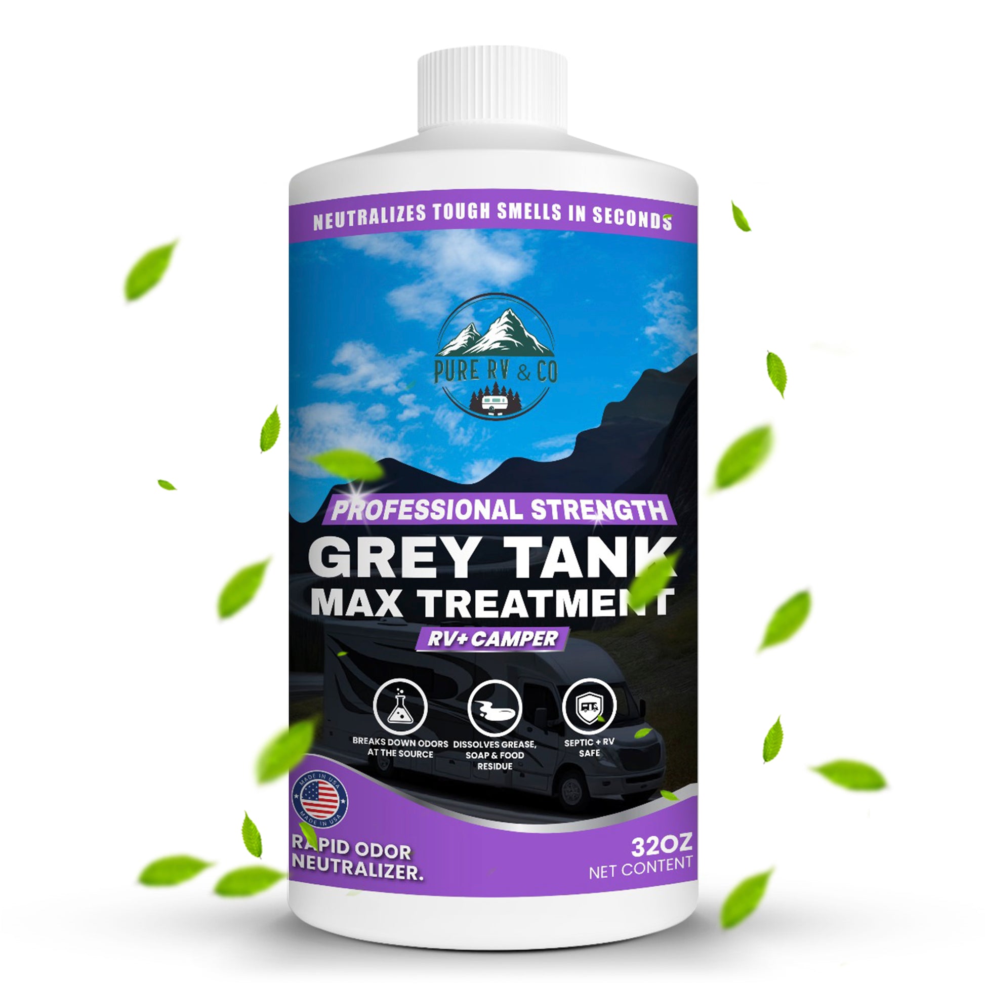 RV Grey Tank Treatment digester, Enzymatic Waste And Odor eliminator for grey and black water tanks, breaks down waste and paper, safe for septic, camper and marine RVs, rv toilet treatment (32 oz)