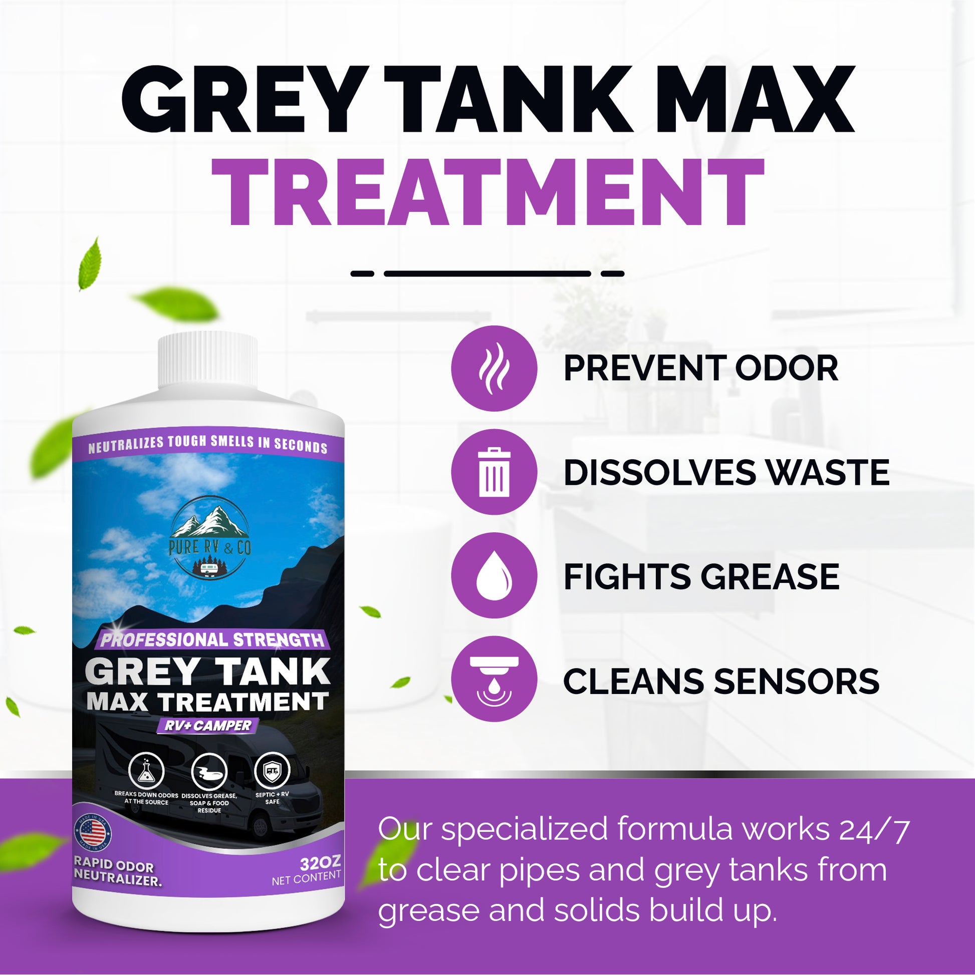 RV Grey Tank Treatment digester, Enzymatic Waste And Odor eliminator for grey and black water tanks, breaks down waste and paper, safe for septic, camper and marine RVs, rv toilet treatment (32 oz)