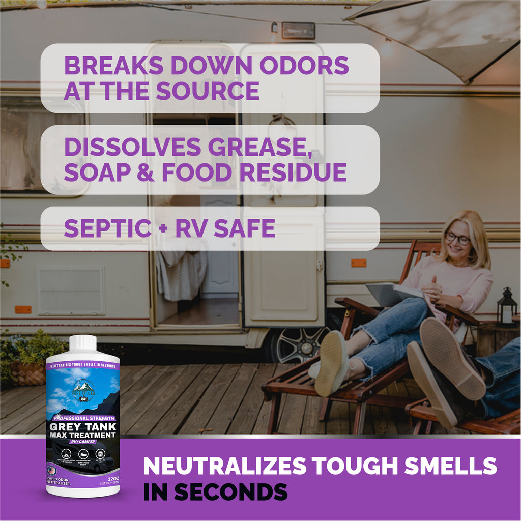 RV Grey Tank Treatment digester, Enzymatic Waste And Odor eliminator for grey and black water tanks, breaks down waste and paper, safe for septic, camper and marine RVs, rv toilet treatment (32 oz)