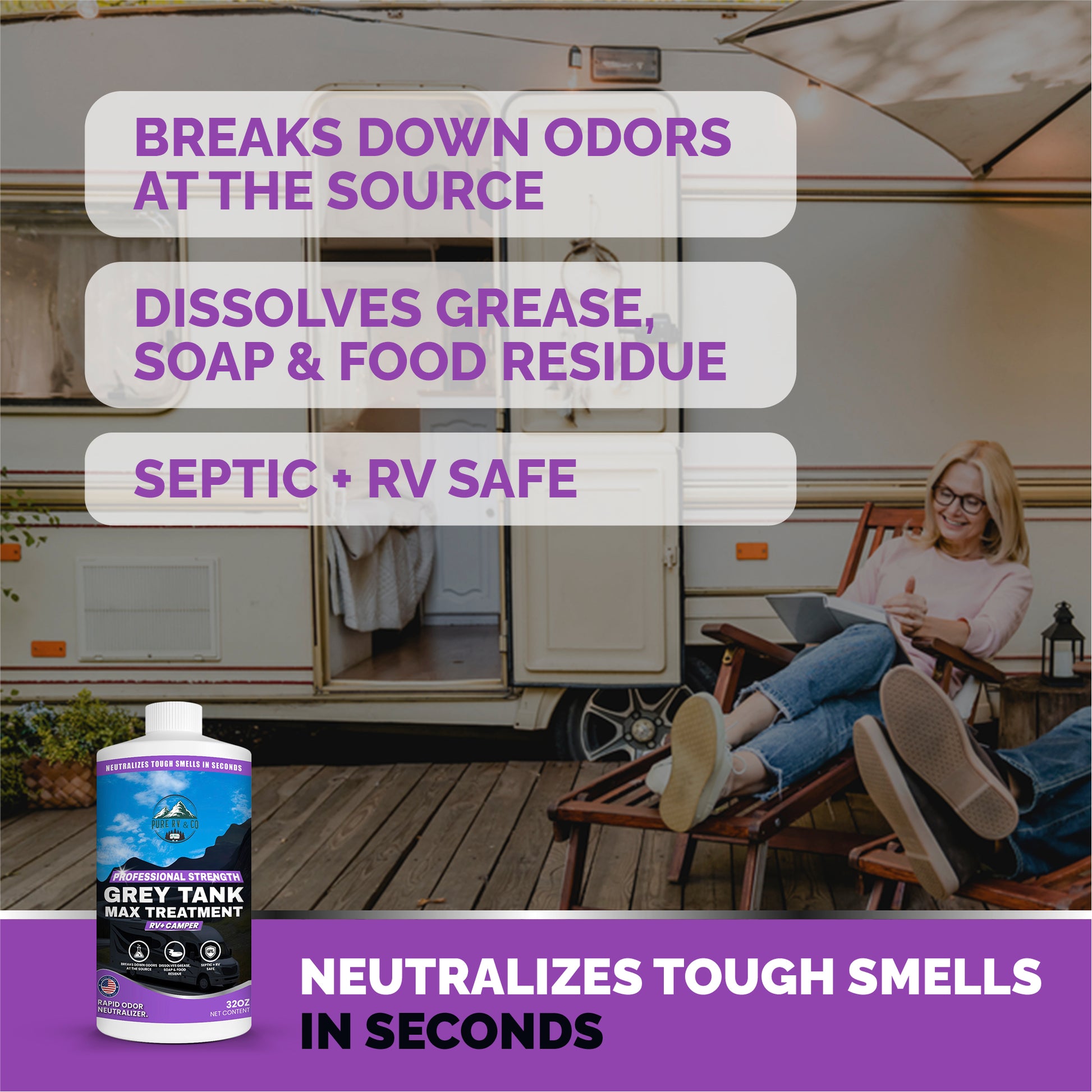 RV Grey Tank Treatment digester, Enzymatic Waste And Odor eliminator for grey and black water tanks, breaks down waste and paper, safe for septic, camper and marine RVs, rv toilet treatment (32 oz)