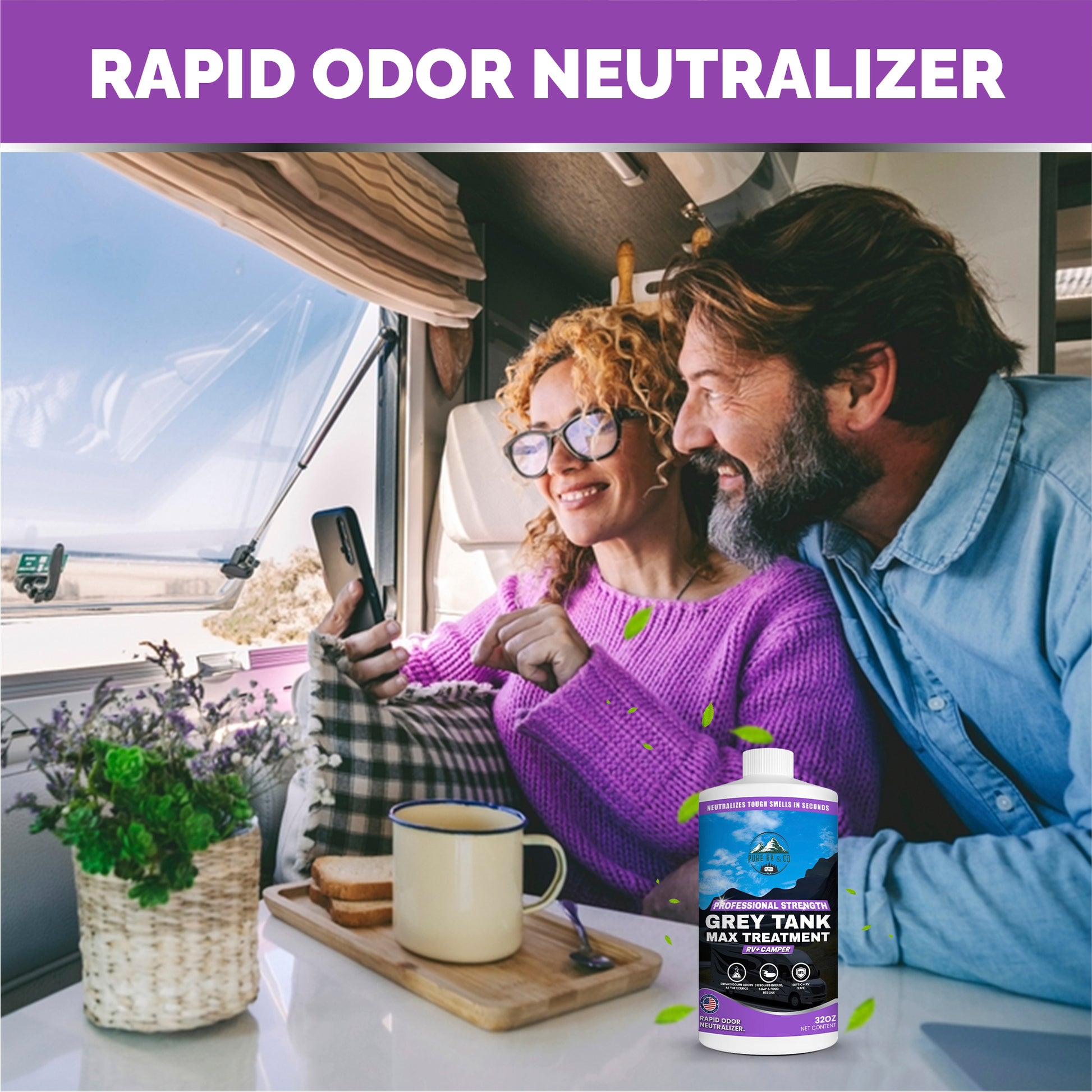 RV Grey Tank Treatment digester, Enzymatic Waste And Odor eliminator for grey and black water tanks, breaks down waste and paper, safe for septic, camper and marine RVs, rv toilet treatment (32 oz)