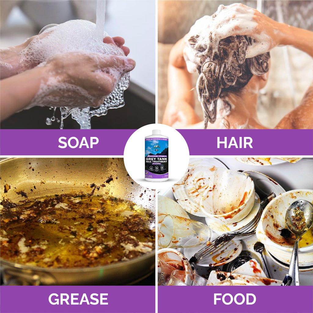 RV Grey Tank Treatment digester, Enzymatic Waste And Odor eliminator for grey and black water tanks, breaks down waste and paper, safe for septic, camper and marine RVs, rv toilet treatment (32 oz)