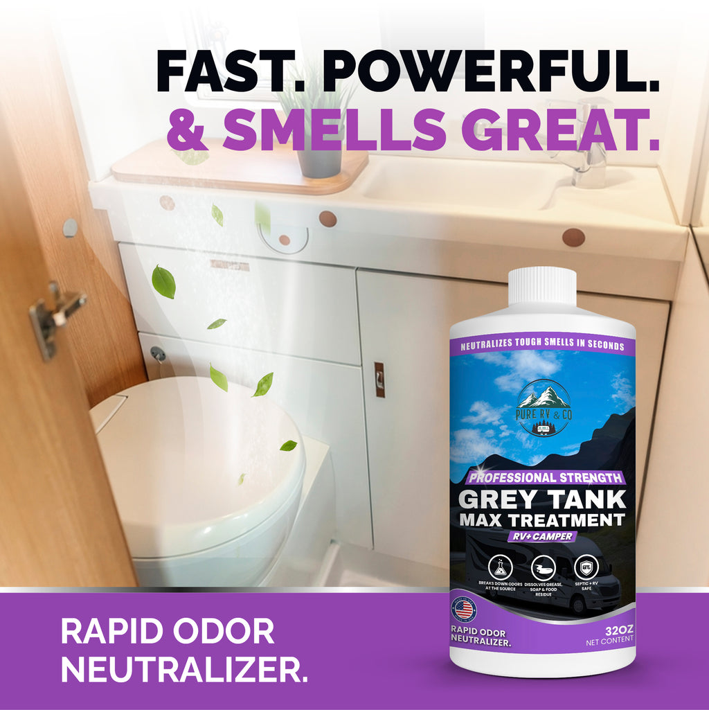 RV Grey Tank Treatment digester, Enzymatic Waste And Odor eliminator for grey and black water tanks, breaks down waste and paper, safe for septic, camper and marine RVs, rv toilet treatment (32 oz)
