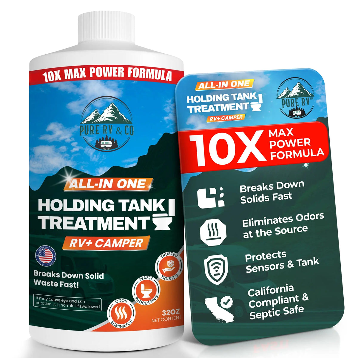 High-Performance RV Black Tank Treatment | Extra-Strength Waste & Odor Eliminator with Sensor Reset | Septic-Safe – 32 Doses (32 oz) - Pure RV & Co