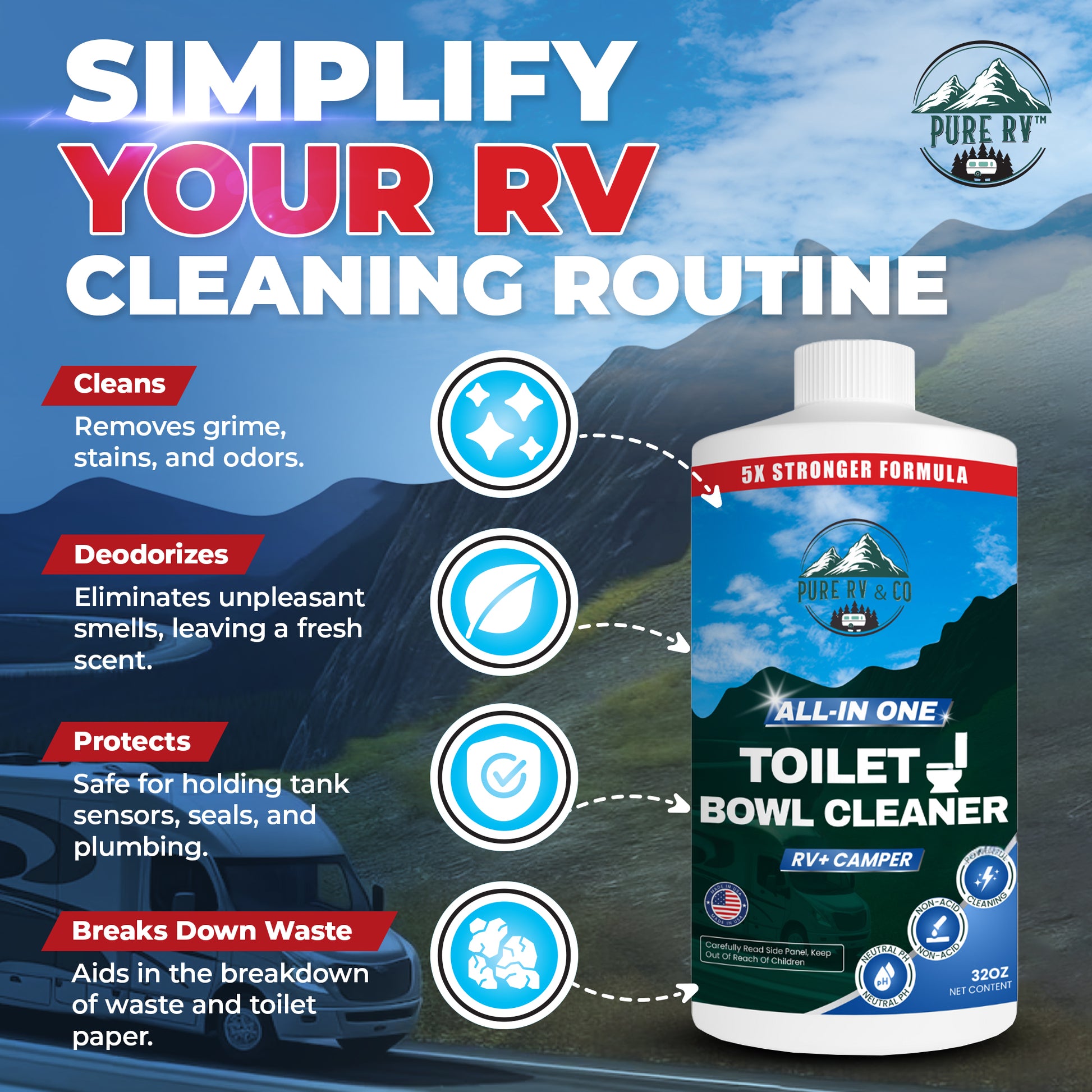 RV Toilet Bowl Cleaner – Easy-Squirt Bottle | 5× Stronger Stain Remover & Odor Eliminator | Sensor-Safe, Septic-Safe (32 oz) - Pure RV & Co