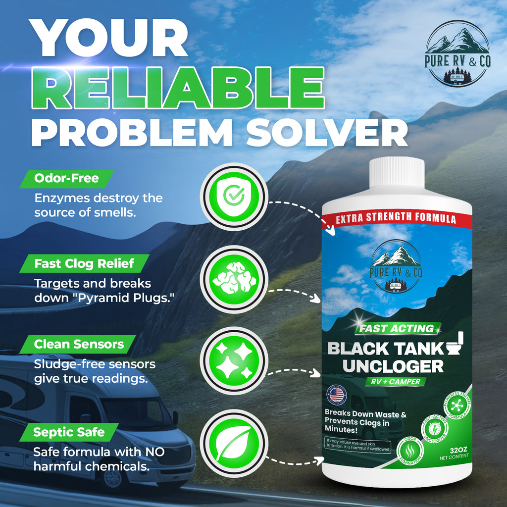 Extra-Strength RV Black Tank Unclogger | Fast-Acting Sludge & Pyramid Plug Dissolver - Pure RV & Co