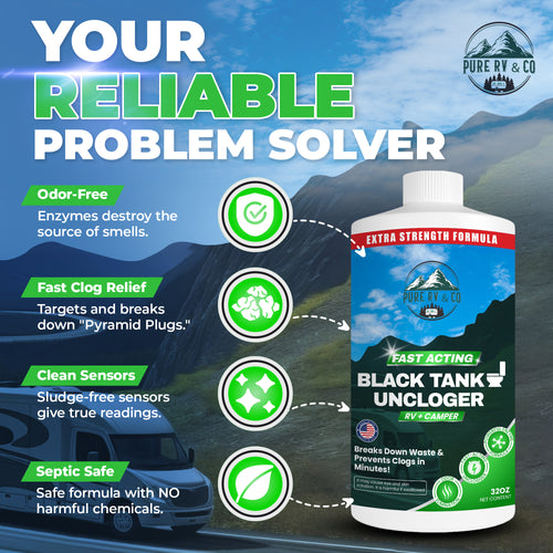 Extra-Strength RV Black Tank Unclogger | Fast-Acting Sludge & Pyramid Plug Dissolver - Pure RV & Co