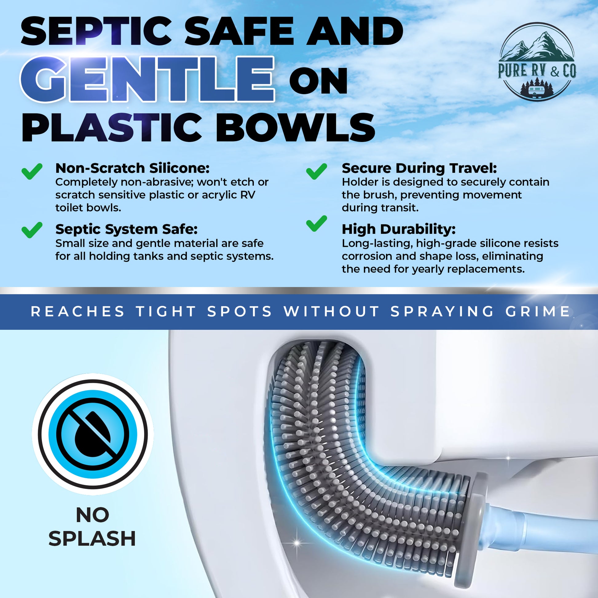 RV & Camper Toilet Brush with Holder | Compact Silicone Bowl Brush – Wall-Mounted & Travel-Ready | Septic-Safe - Pure RV & Co