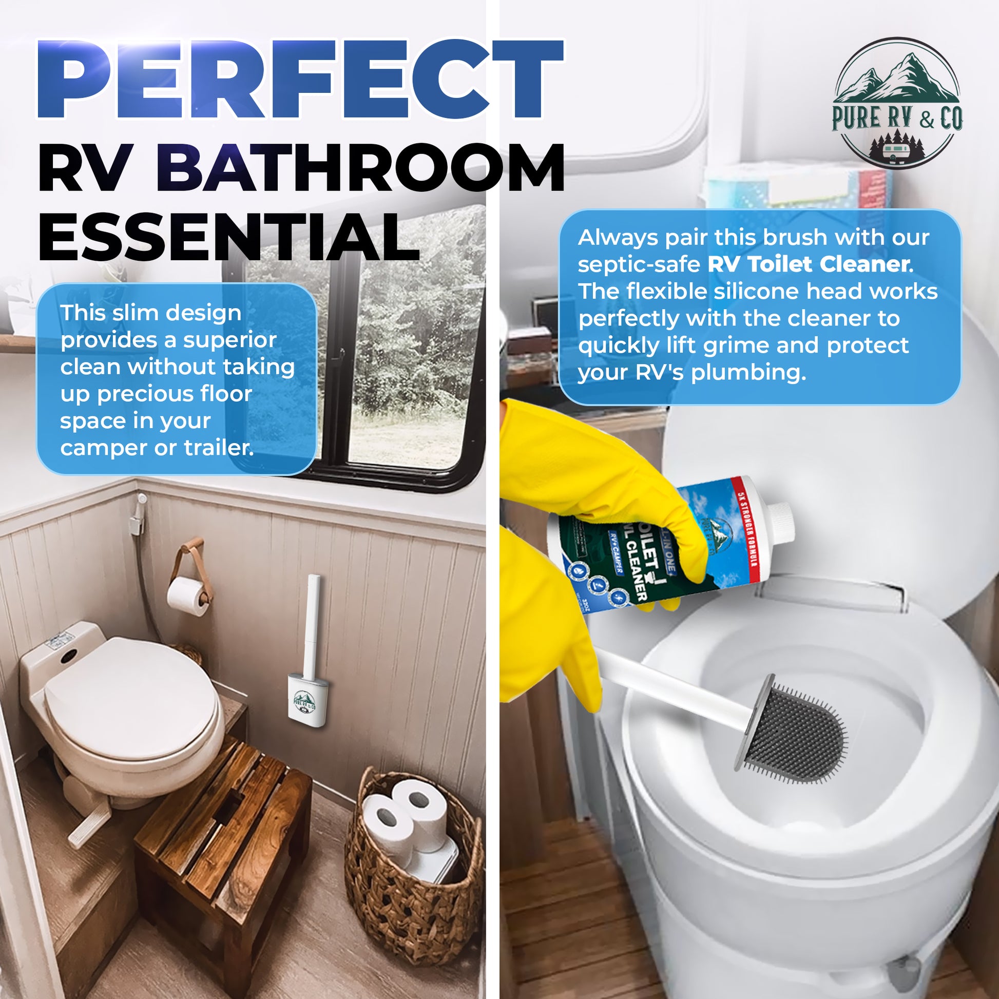 RV & Camper Toilet Brush with Holder | Compact Silicone Bowl Brush – Wall-Mounted & Travel-Ready | Septic-Safe - Pure RV & Co