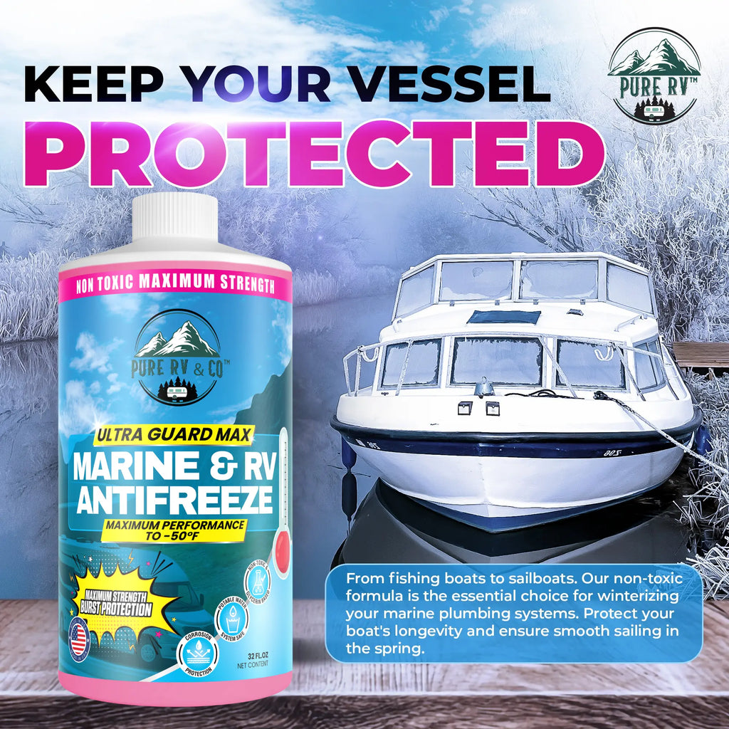 Non‑Toxic RV & Marine Antifreeze –50 °F | Potable-Water Safe Glycerin Formula | Winterize RV, Boat, Pool & Cabin | Lubricates Seals | Made in USA – 32 oz - Pure RV & Co
