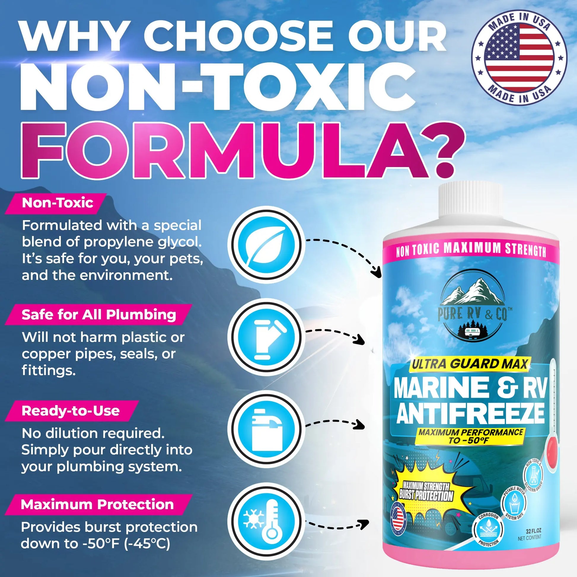 Non‑Toxic RV & Marine Antifreeze –50 °F | Potable-Water Safe Glycerin Formula | Winterize RV, Boat, Pool & Cabin | Lubricates Seals | Made in USA – 32 oz - Pure RV & Co