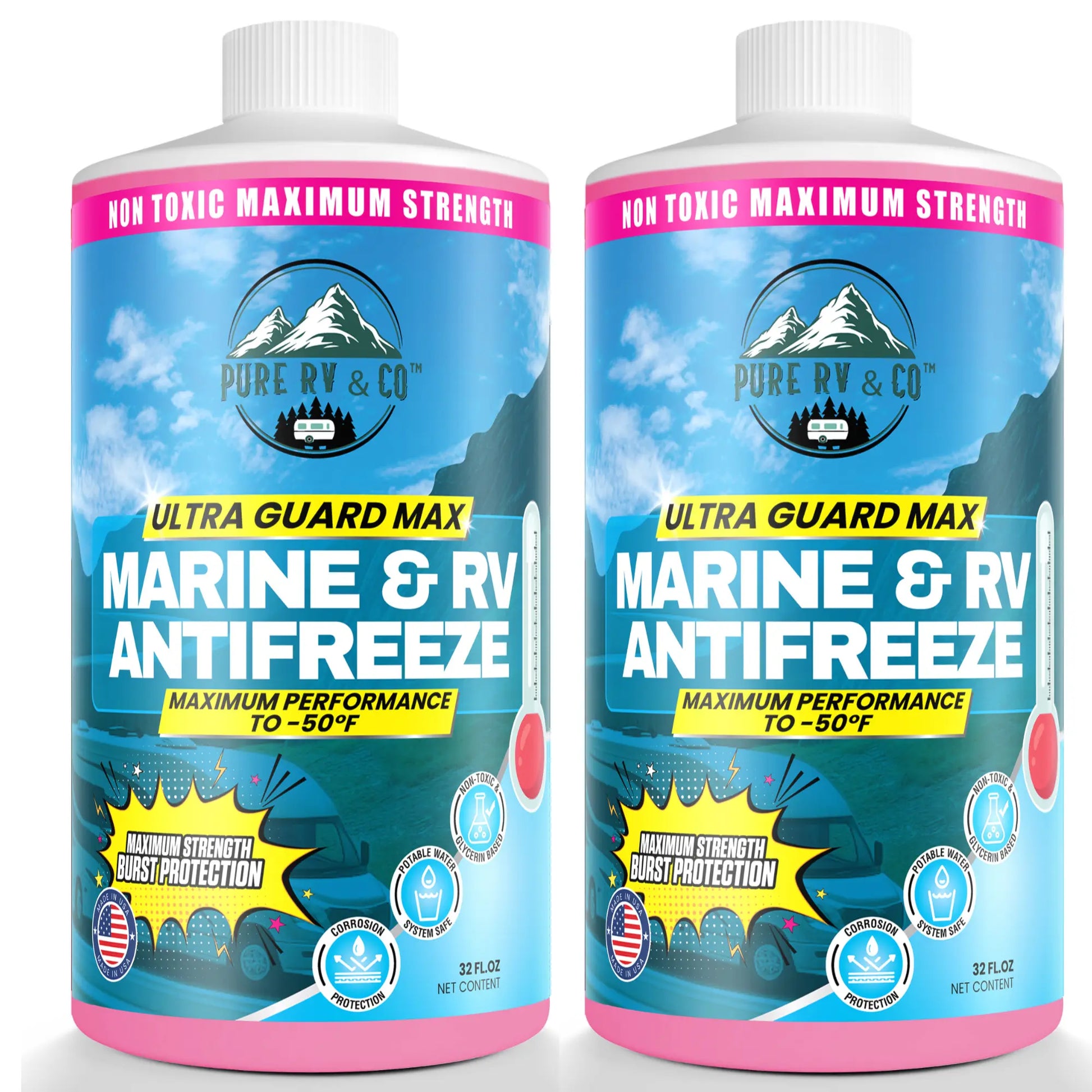 Non‑Toxic RV & Marine Antifreeze –50 °F | Potable-Water Safe Glycerin Formula | Winterize RV, Boat, Pool & Cabin | Lubricates Seals | Made in USA – 32 oz - Pure RV & Co
